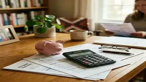 Foto ilustrativa sobre o cálculo de pensão alimentícia com calculadora e documentos.